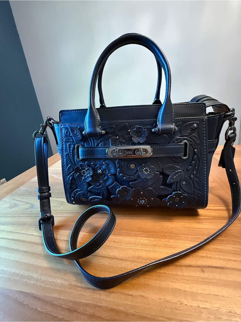 Coach Swagger 27 Black Floral Embossed Leather Satchel with Removable Strap